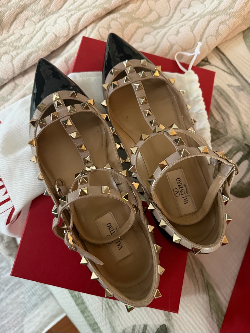 Valentino Two-Tone Rockstud Pointed Flats in Black and Beige